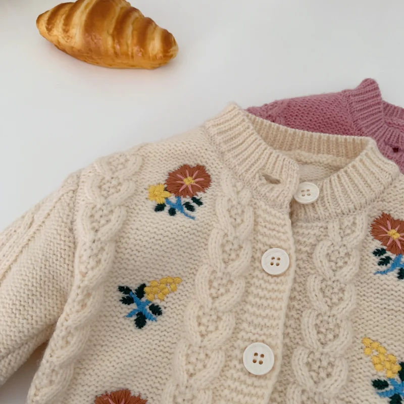 Autumn Toddler Girls Flowers Embroider Cardigan Coat Kids Clothing Spring Baby Girl Printing Twist Knitted Sweater Children Tops