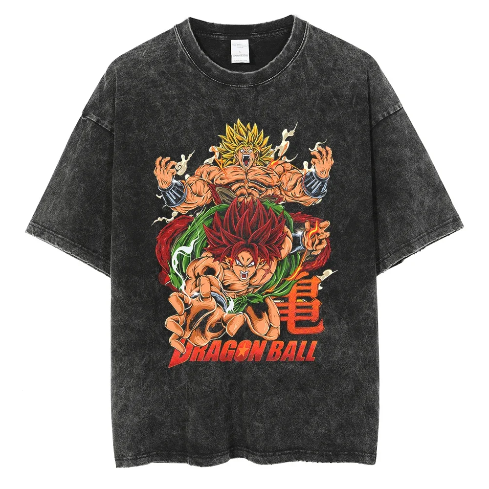 Streetwear Tshirt Washed Black Retro Dragon Ball Graphic T Shirt Oversized Men Cotton T-Shirt Hip Hop Tops Tees Vintage HIpster