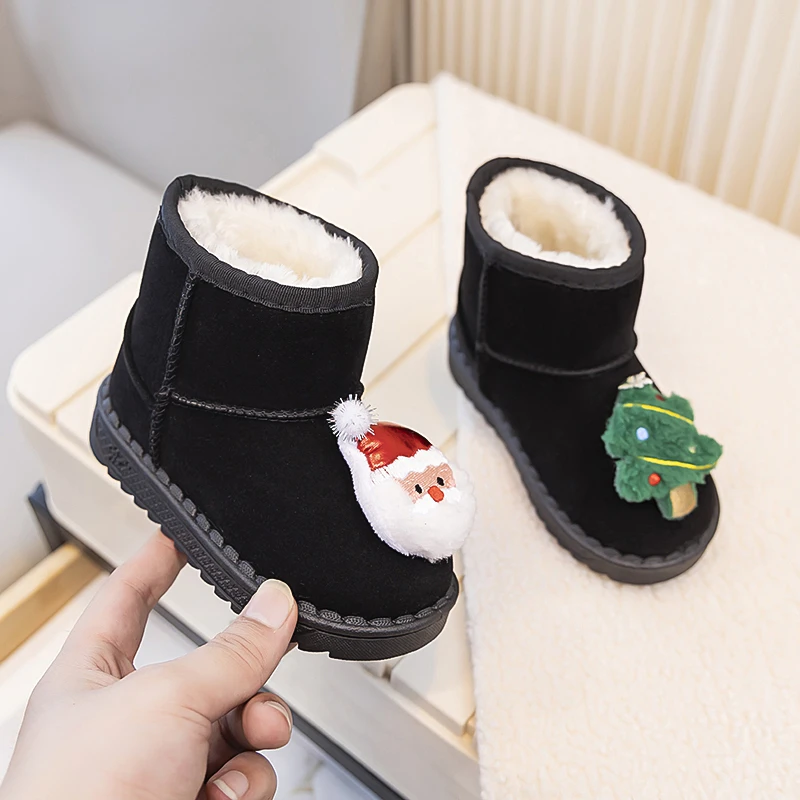 Children's Christmas Themed Snow Boots - Santa & Tree Decor Fleece Lined Warm Winter New Cute Cartoon Cotton Shoes for Girls