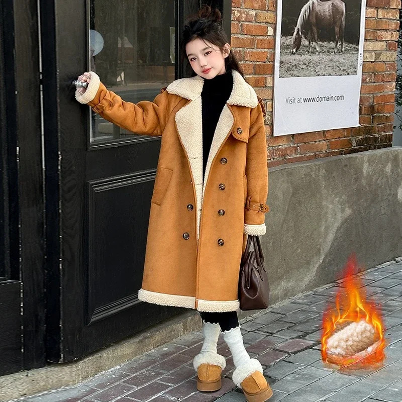 Girls Winter Jacket Fleece Thick Warm Wool Fur Coat for Kids Casual Fashion All-match Long Light Brown Overcoat Children Clothes