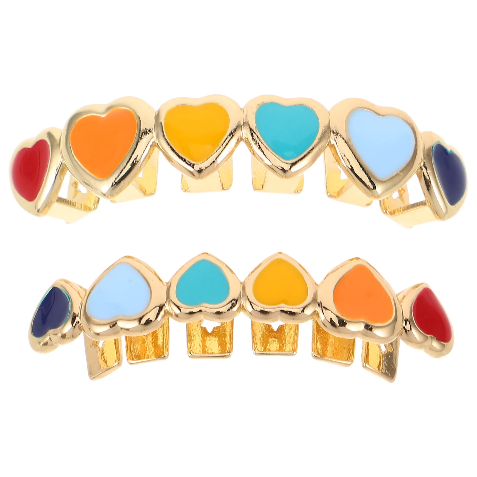 

2Pcs Heart Tooth Grills Metal Caps Artistic Enamel Drip Hip Hop Mouth Grill Fake Golden Teeth Decoration Cosplay Rapper Jewelry