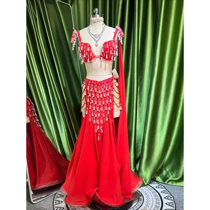 Maßgeschneiderte Bauchtanzkostüme, Performance-Kleid-Set, orientalisches Tanzkleid, Anzug, BH, Gürtel, Rock