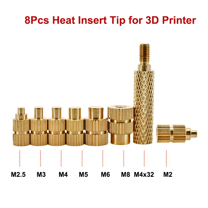 

8Pcs Heat Set Insert Tips for 3D Printer M2 M2.5 M3 M4 M5 M6 M8 Brass Heat Insert Tip for Plastic 3D Printing Component