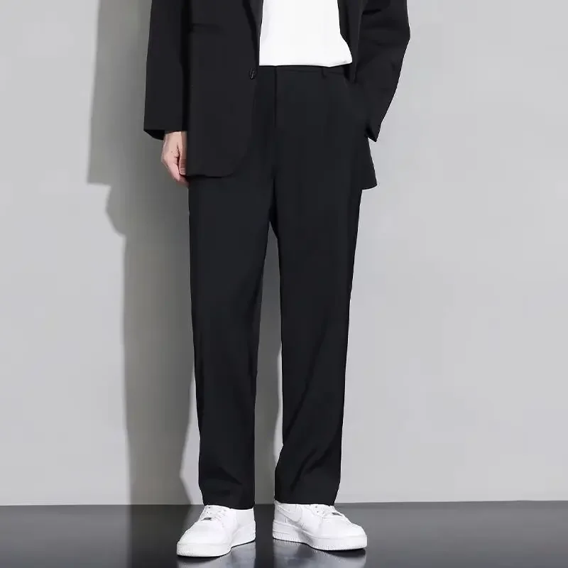 Korean Men Pants Summer Ice Silk Casual Long Pants Elastic Waist Elegant Suit Trousers Straight Wide Leg Business Pants Y2k