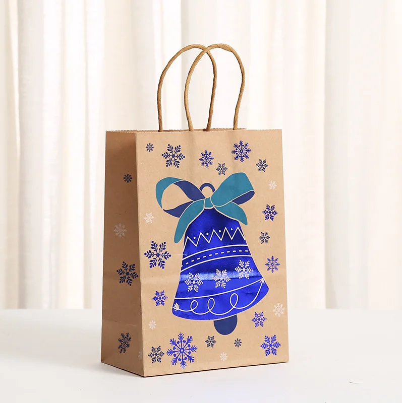 100PCS Blue Christmas ToteBags Cartoon Printed Kraft PaperBags Party Gifts Gift Bags Candy Wrapping Bags Wholesale