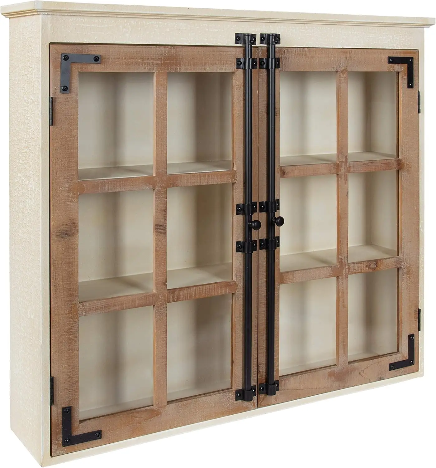 and Laurel  Decorative Farmhouse Wood Wall Cabinet, 30 x 6.5 x 27.5, White and Brown, Wall Cabinet with Window Pane Glass Door