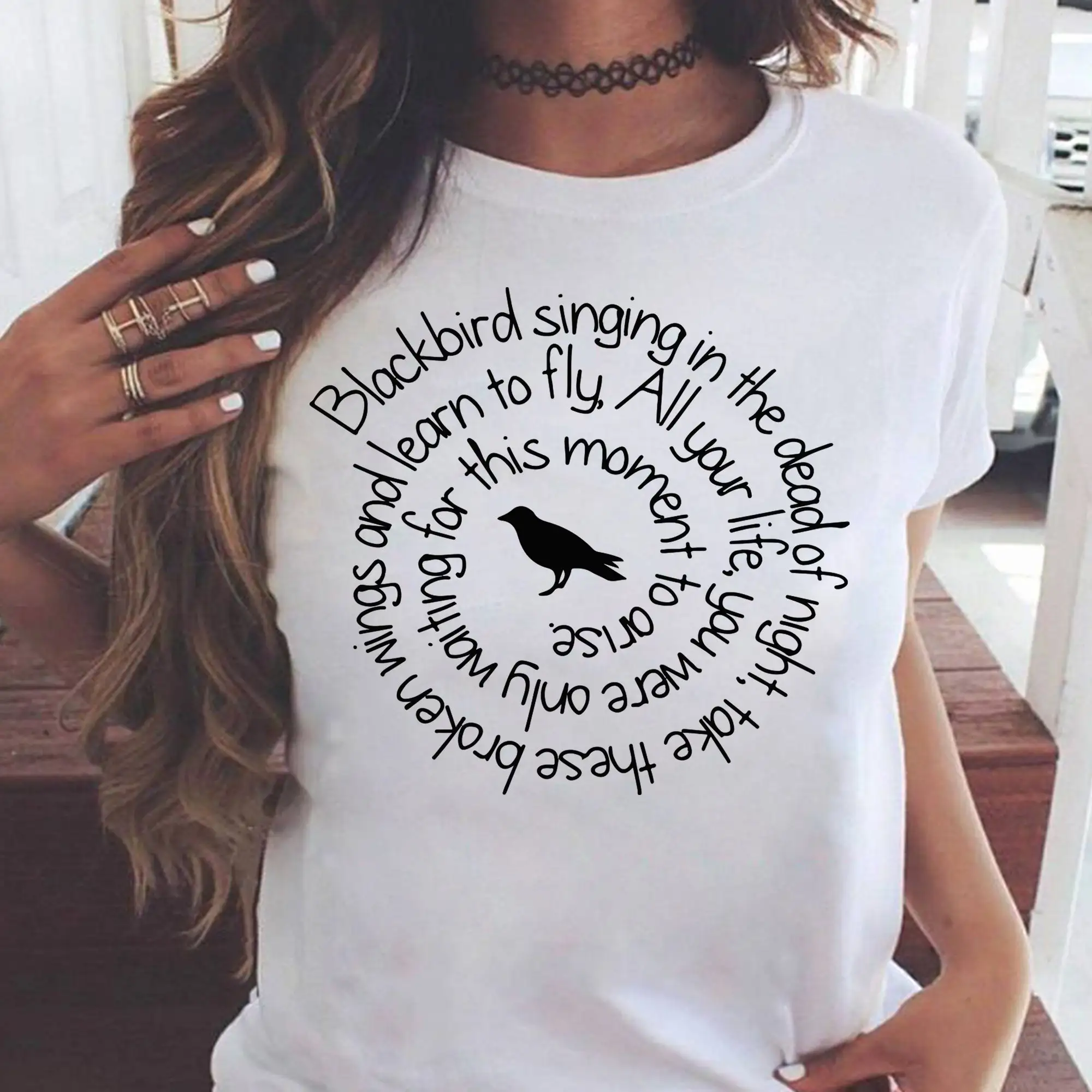 Blackbird Singing in The Dead of Night Bird Lyrics Premium T Shirt Hippie Soul Peace Love Life