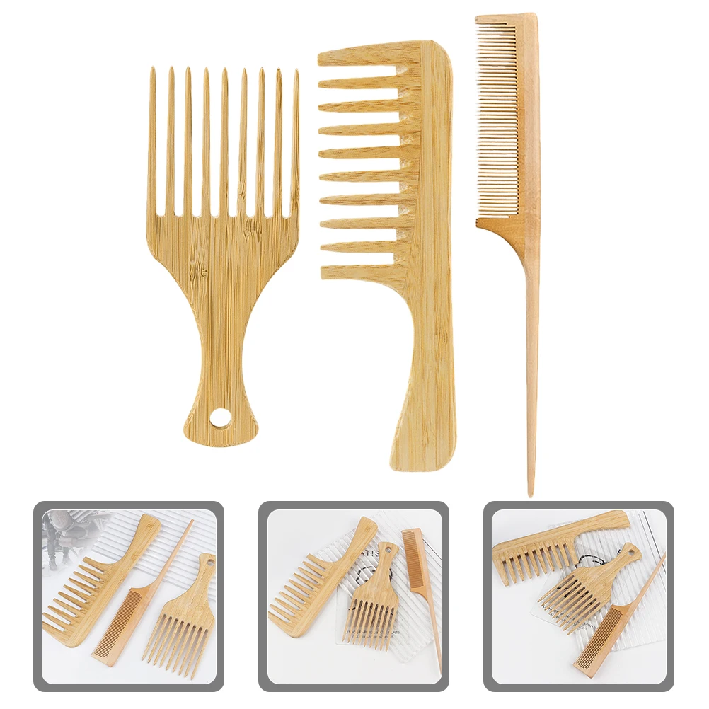 

Bamboo and Wood Comb Set Detangler Wide Tooth Hair Brush Multi Purpose Barber Large Wooden Styling Men