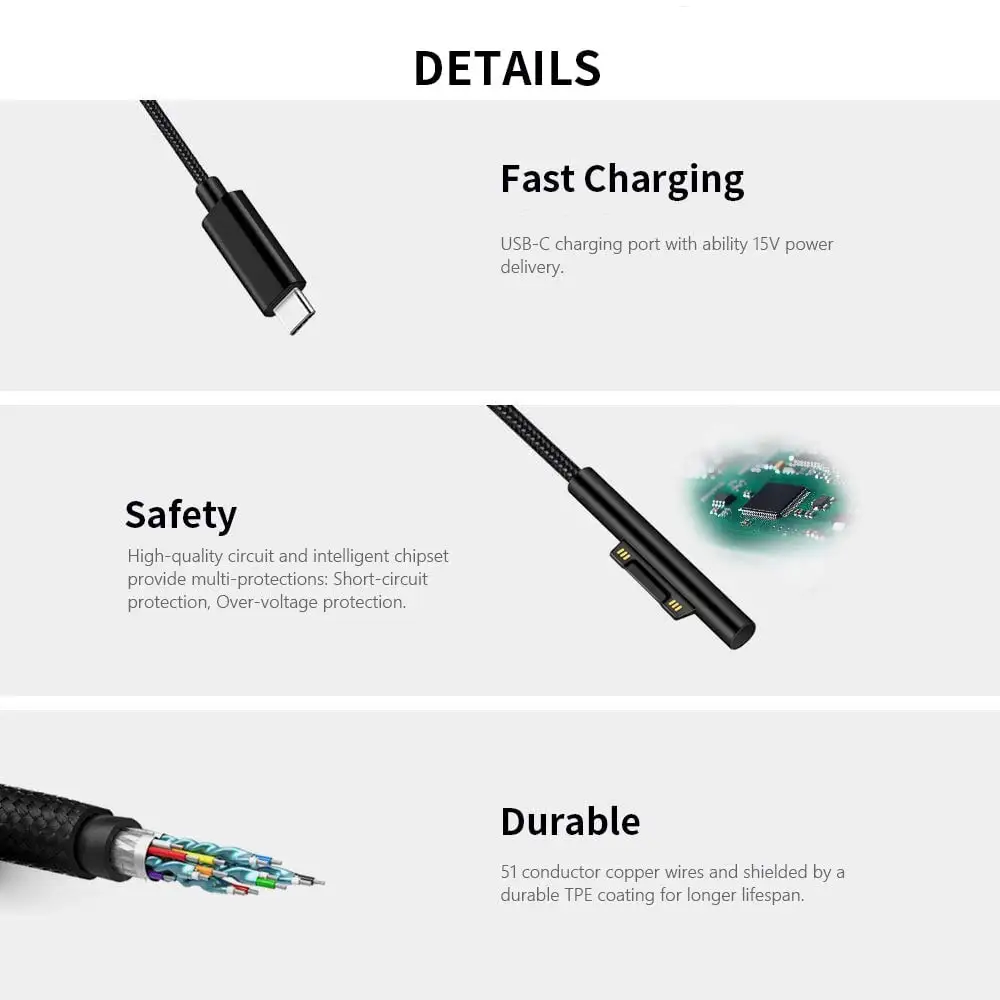 Nylon Braided USB-C Charging Cable for Surface Pro 6/5/4/3 Surface Laptop 1.5 M 45W 15V PD Power Supply Cable