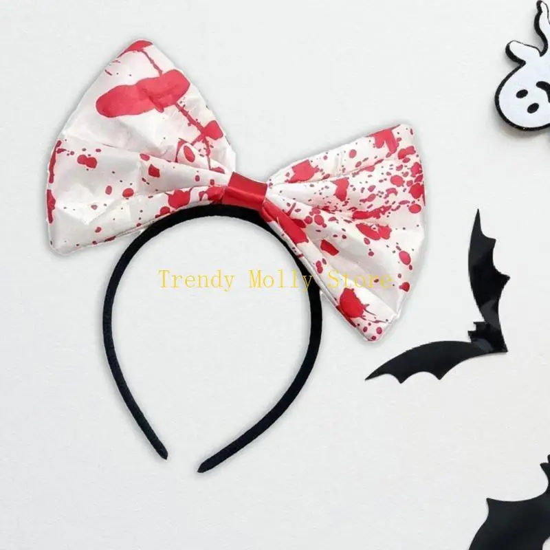 N5KB Halloween Bows Headbands Horror Theme Hair Hoop Bloody Print Hair Accessory for Halloween Enthusiasts and Party Goers