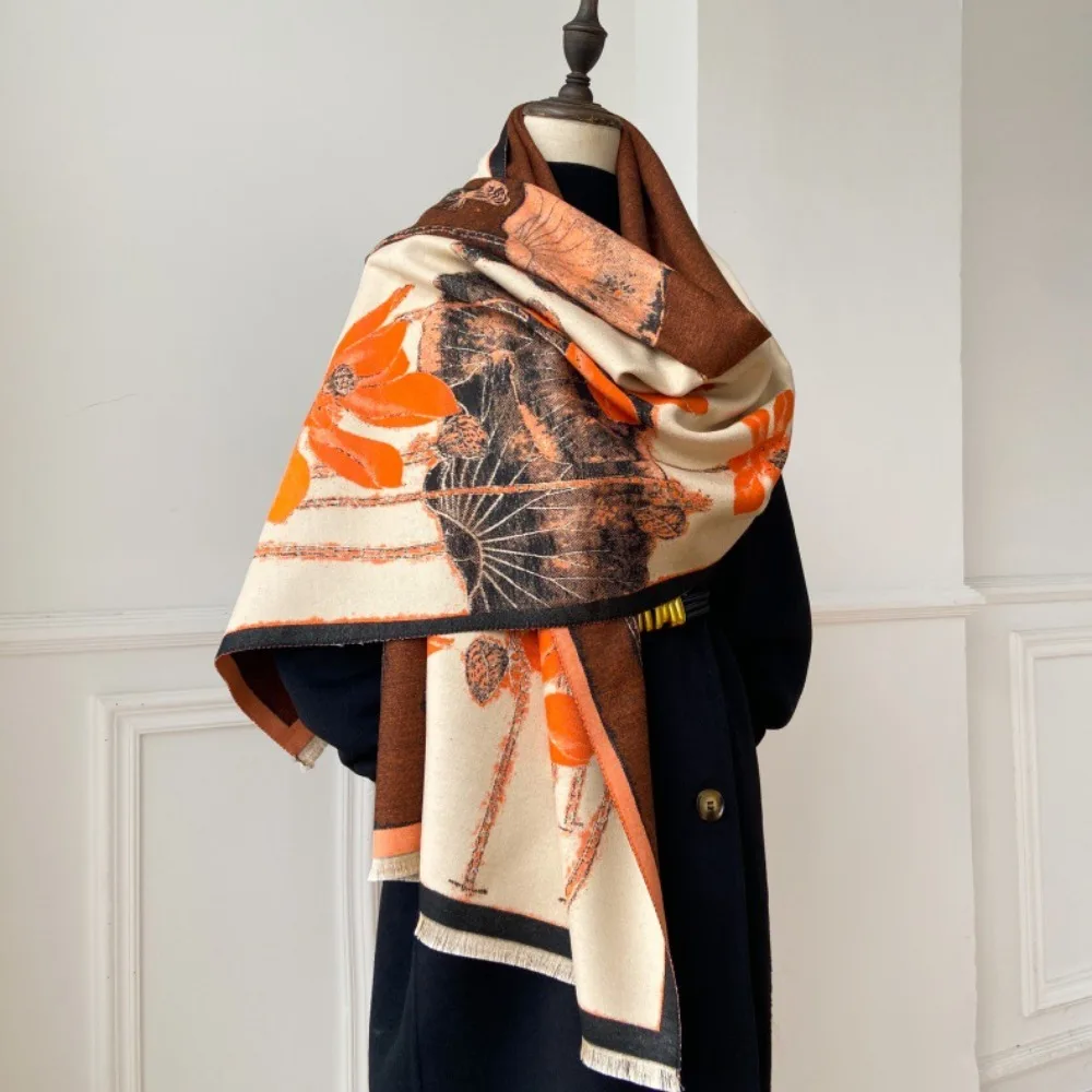 

Толстый кашемировый хиджаб с цветочным принтом, пончо, женский роскошный шарф, теплое дорожное одеяло из пашмины, шаль, накидки Bufanda 2023, дизайн Echarpe