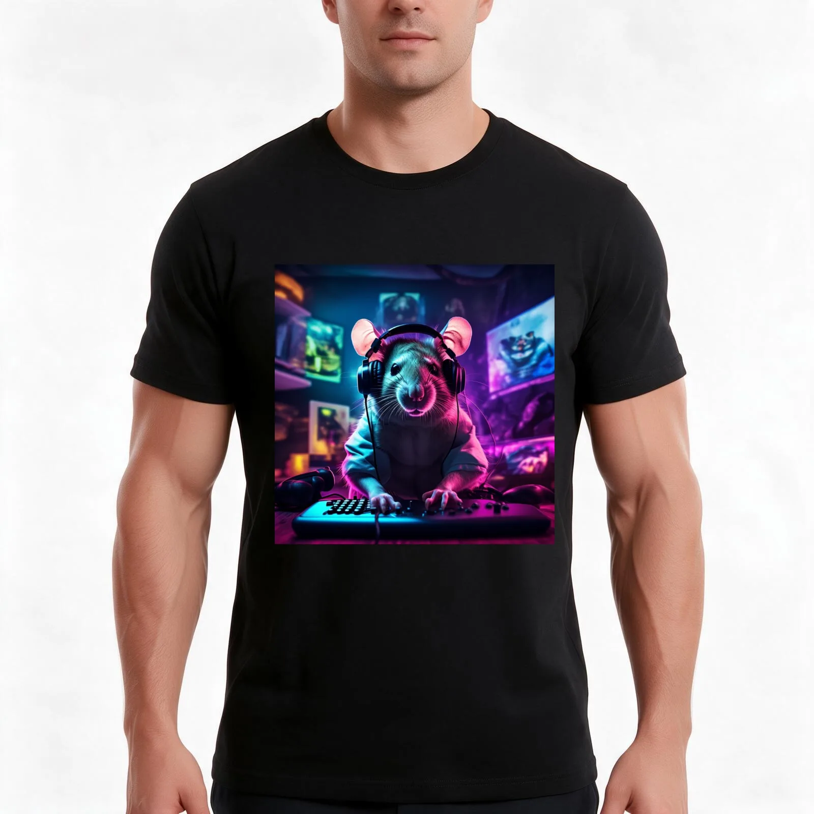Rodent Realms: A Gaming Rat's Odyssey T-Shirt, Summer Casual Cotton Tee, Oversized Streetwear Tops, Vintage Graphic Print