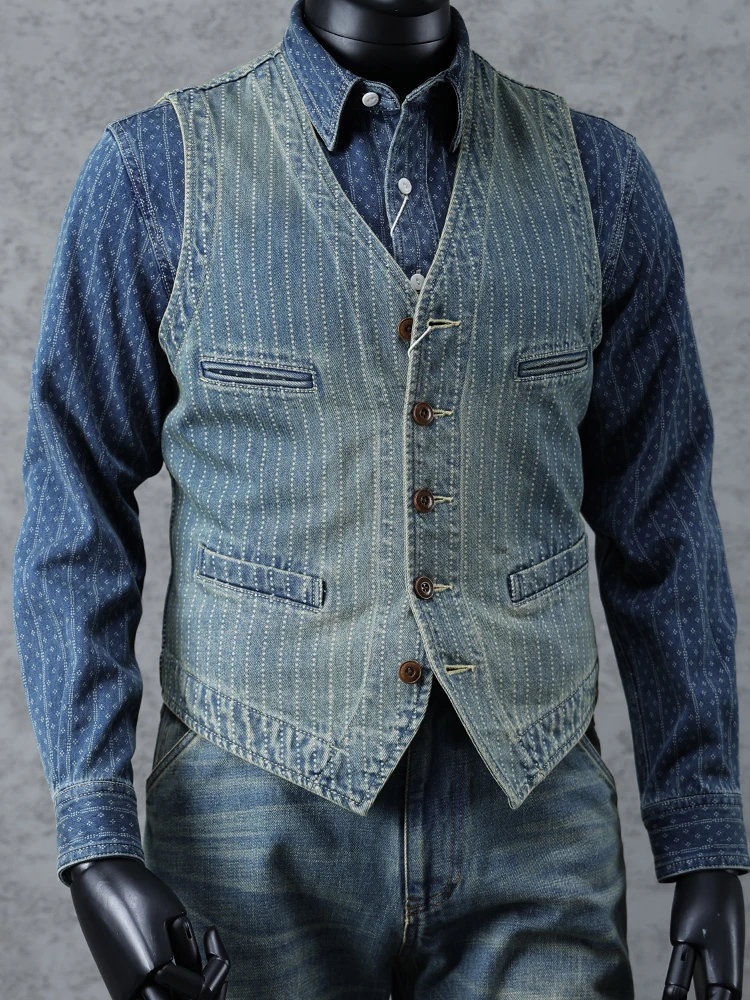 

High Quality American Retro Denim Striped Vest Dyed Distressed Niche All-Match Casual