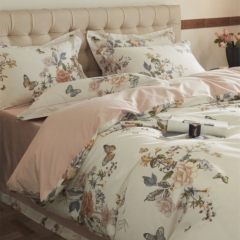 

4Pcs Luxury Butterfly Blooming Flowers Print Bedding Set 100% Egyptian Cotton Duvet Cover Set Bed Sheet/Fitted Sheet Pillowcases