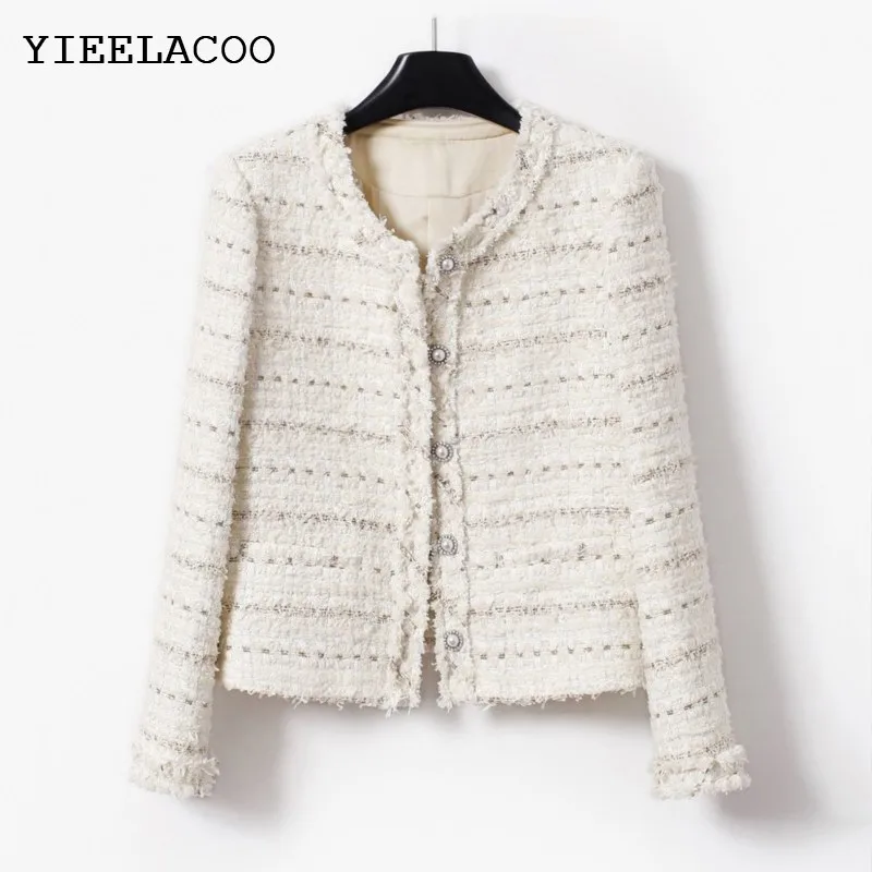 

Beige women's tweed jacket autumn/winter socialite tassel design small fragrant jacket unique classic top