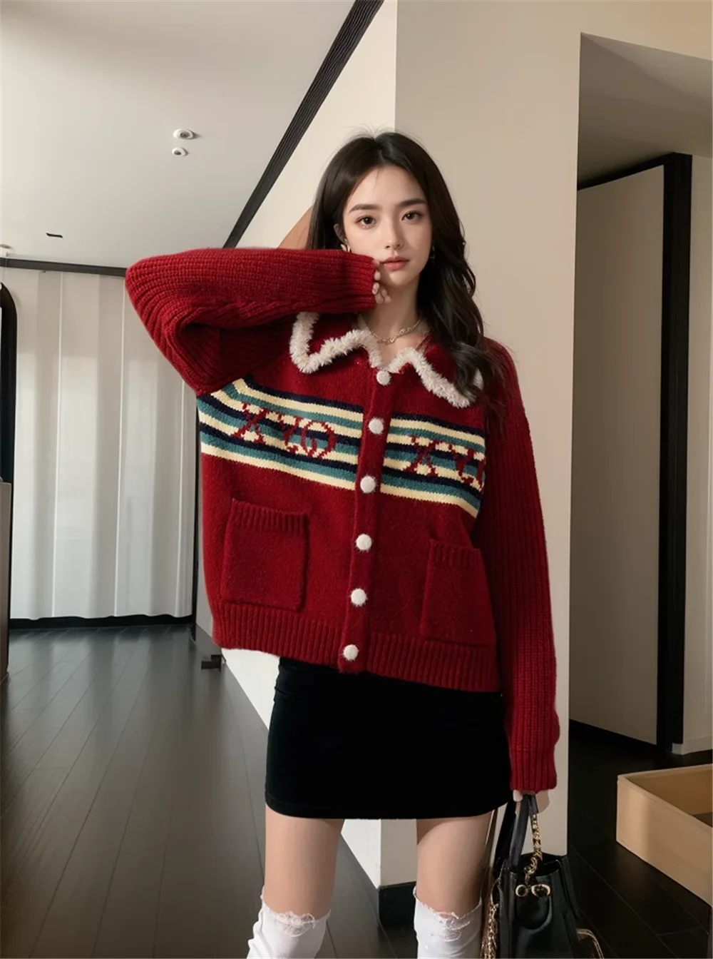 

Winter fashion retro lazy wind lapels small western knit cardigan casual Christmas New Year red sweater.