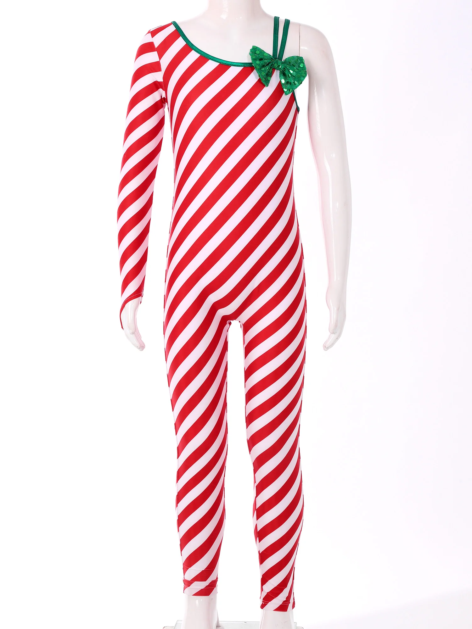 Meisjes Xmas Candy Cane Kerstkostuum Kids One Shoulder Gestreepte Unitard Jumpsuit Ballet Dance Cheer Party Performance Kostuum