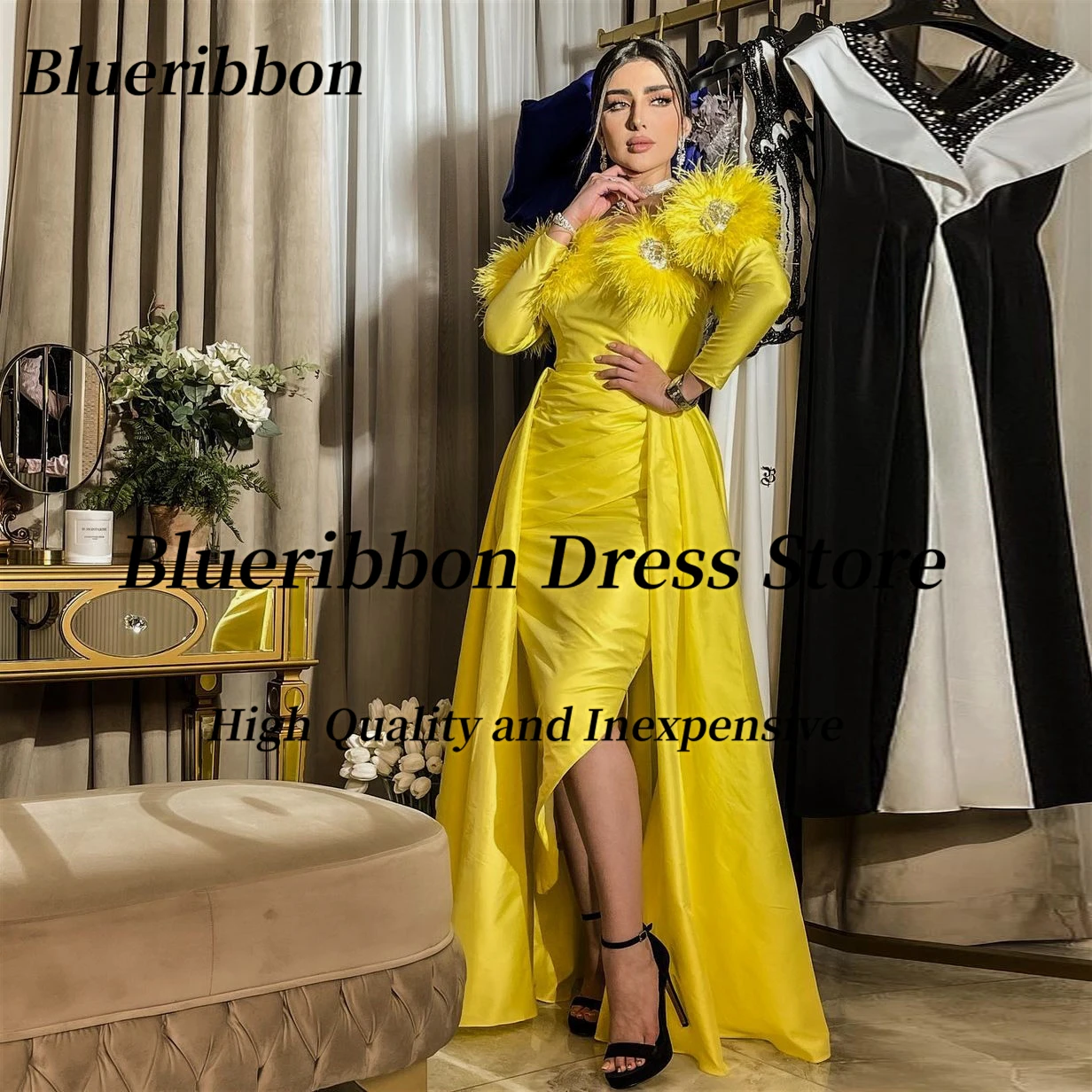 Blueribbon Yellow Side Slit Prom Dresses Feathers Bateau Neck Dubai Party Evening Dress Long Sleeves Overskirt Vestidos De Noche