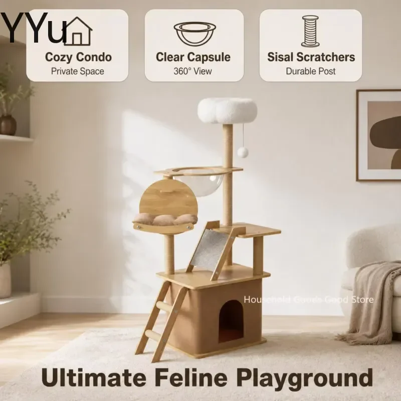 for Large Wooden Cat Tree Integrated House Scratching Post Space Capsule Condo Climbing Stand for Cats Furniture Pet Supplies