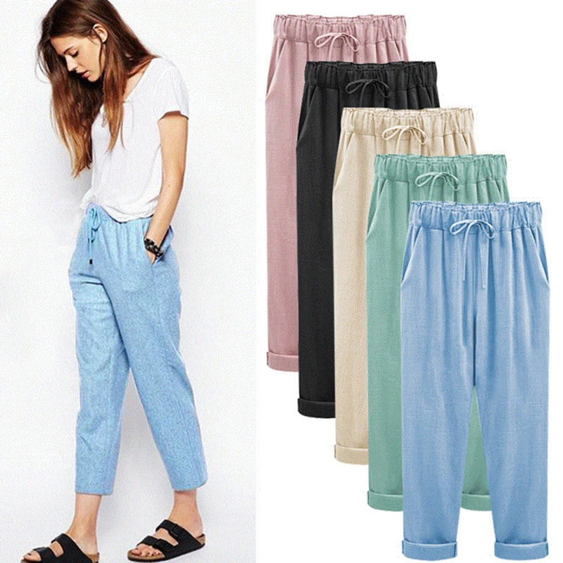 2026 Fashion Women Nine Points Pants Cotton linen New Casual Bundling Wide Waist Belt Candy Color Pencil Pants roupas femininas