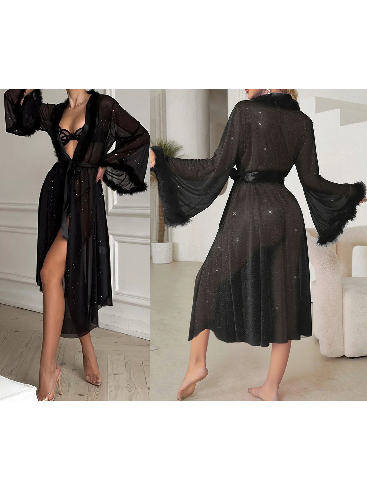 

Women s Plush Trimmed Long Sleeve Nightgown with Sheer Lace Detailing and Belted Waist Sleepwear Robe