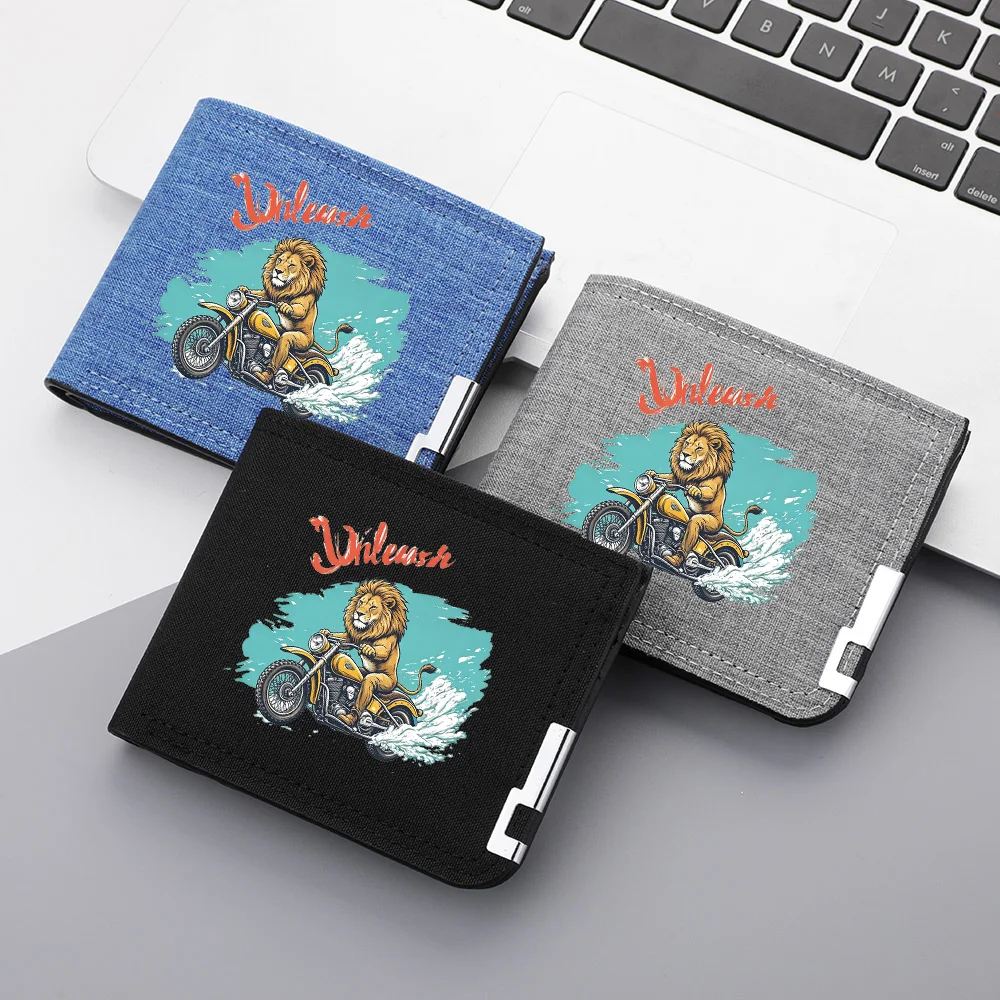 Men's Short Canvas Wallet with Lion Riding Motorcycle Print Multi-Card Holder Casual Coin Wallet for Boys Student Gift
