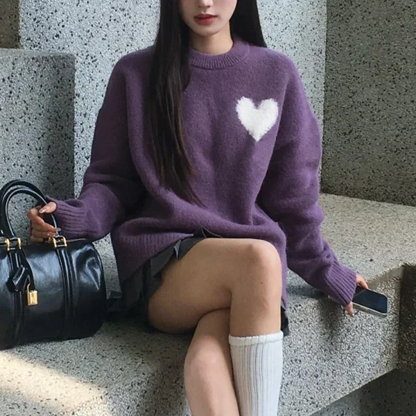 

Cloud Series Long Sve round Ne Knitted Sweater Camel Hair Heart Letter Women's Loose Lazy Sle Comfortable Commute Faion