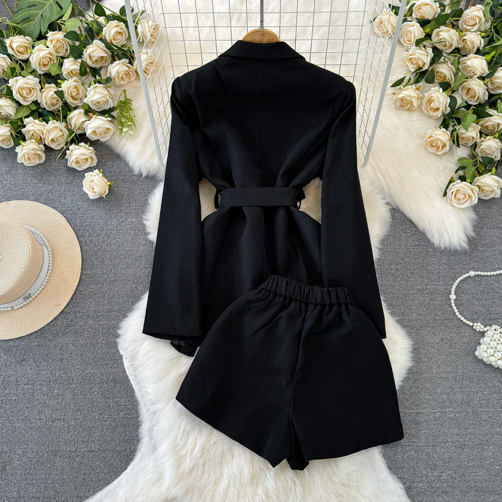 Fashion Two Piece Shorts Set Vintage Streetwear Mid length Jacket Wrapped Suit Coat High Waist Slim Wide Leg Shorts