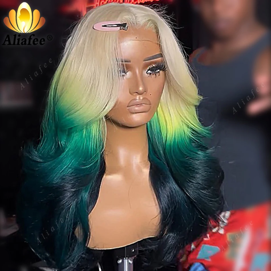 

613 Blonde with Dark Blue Ombre Hd 13x6 Lace Frontal Wigs Human Hair Pre Plucked Brazilian 13X4 Lace Frontal Body Wave Wigs