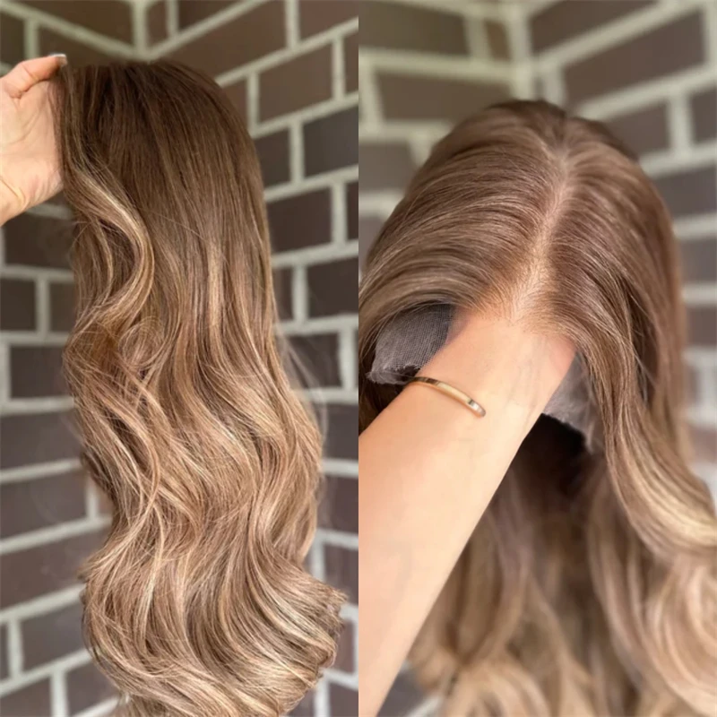 

13x4 Ombre Коричневый Блондин Длинный Волнистый Синтетический Парик Натуральная Предварительно Сорванная Линия Волос с Волосами Младенца Косплей Ежедневное Термостойкое Волокно
