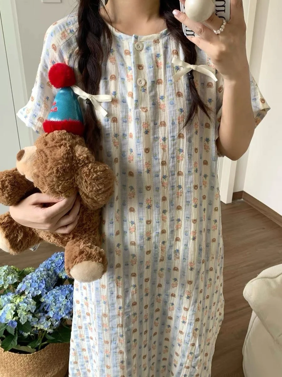 

Корейский Sle Cute Bear Long Sp Dr Women Summer ort Sve Long Dr Sweet Thin Свободная домашняя одежда Молодежный воротник irt