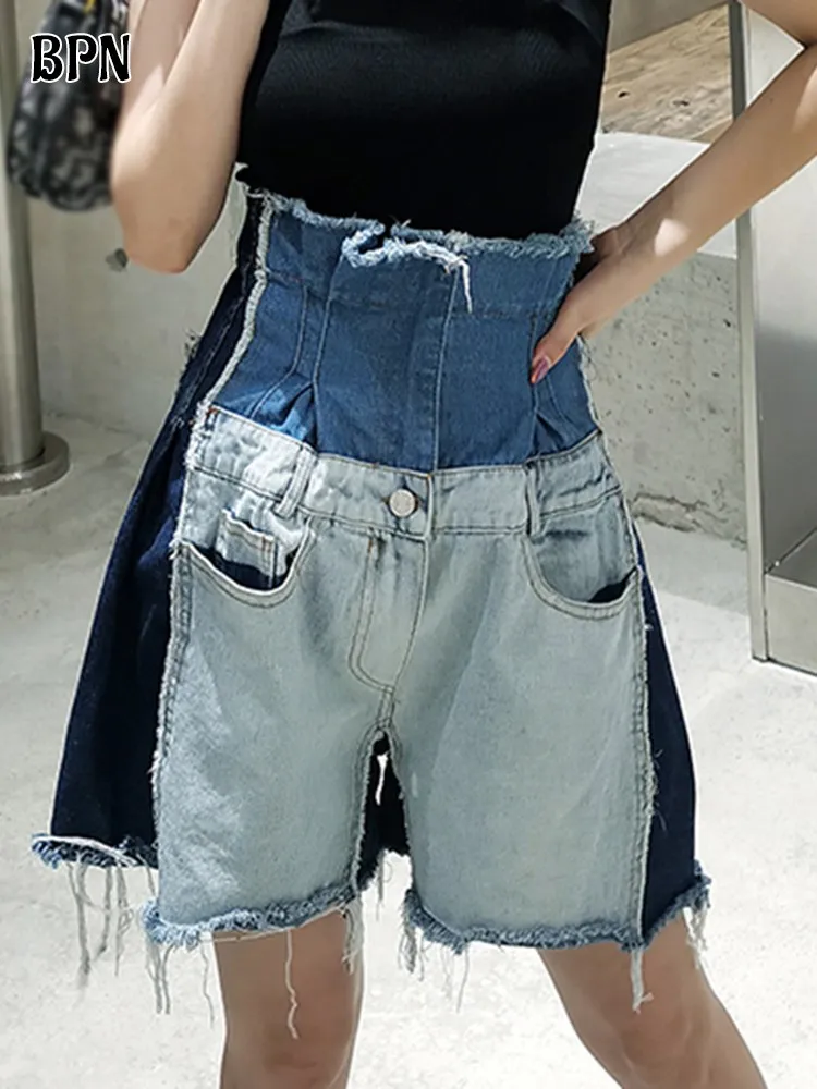 BPN Raw Hem Denim Pants For Women High Waist Hit Color Spliced Pocket Casual Loose Chic Shorts Female Summer Clothing Fashion