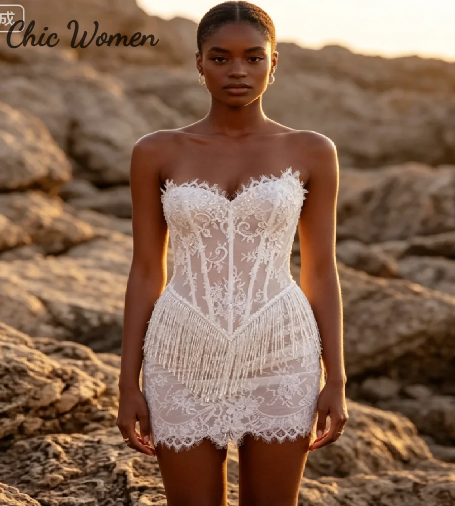 2 in1 Convertible Lace Wedding Dress 2026 Bohemian Elopement Beach Short Mini Bridal Gowns With Removable Train Corset Fringe