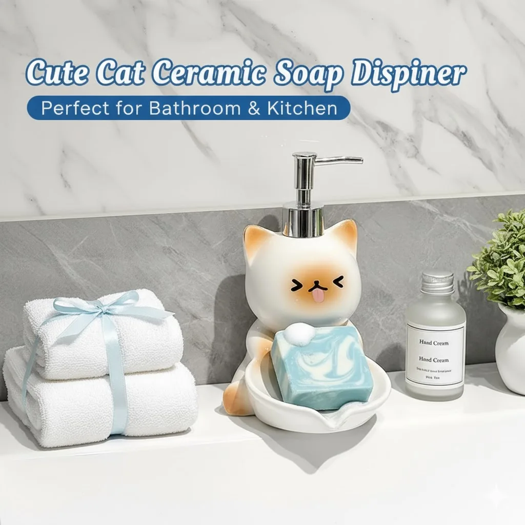 

2-in-1 Cute Cat Ceramic Soap Dispenser & Bar Soap Holder Dish - Bathroom & Kitchen Organizer
