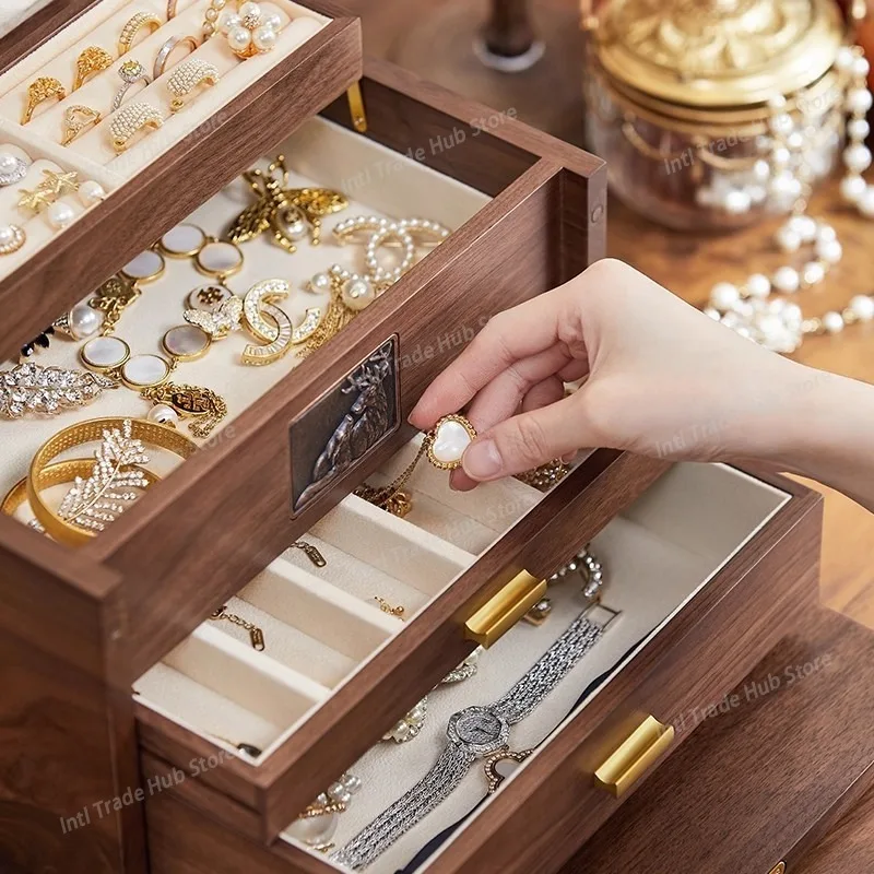 Large Capacity Solid Wood Multi-layer Drawer-style Necklace Earring Ring Jewelry Storage Box Gift Pure Color Chinese Retro