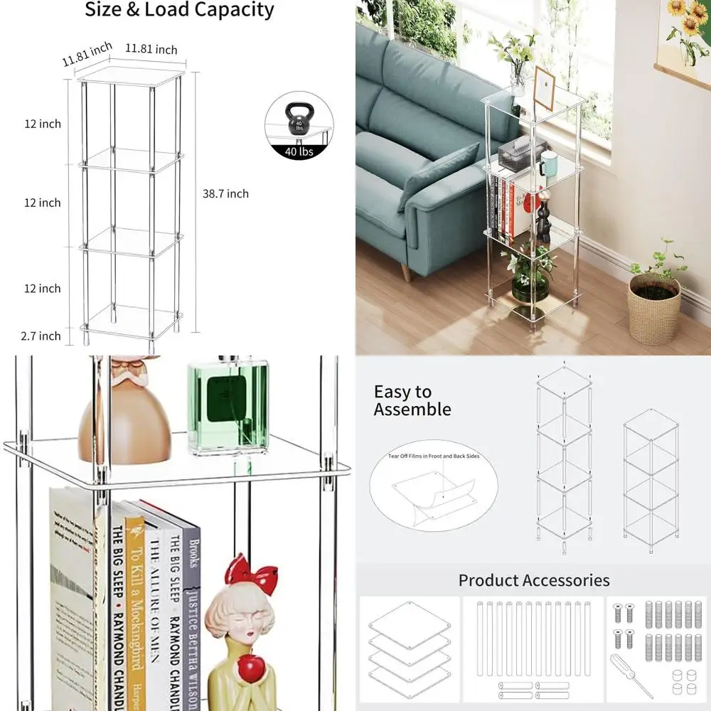 

Modern 4-Tier Acrylic End Table, 11.81 x 11.81 x 38.7, Corner Shelf for Living Room and Bedroom, Sleek Nightstand, Home Decor Ac