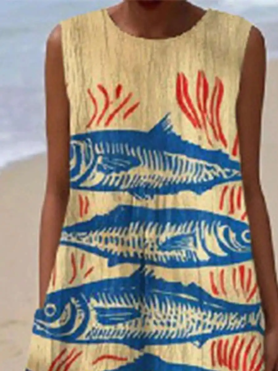 

Women Sleeveless Round Neck Tank Dress Beige Vintage Sardine Print Loose Straight Seaside Vacation Dress