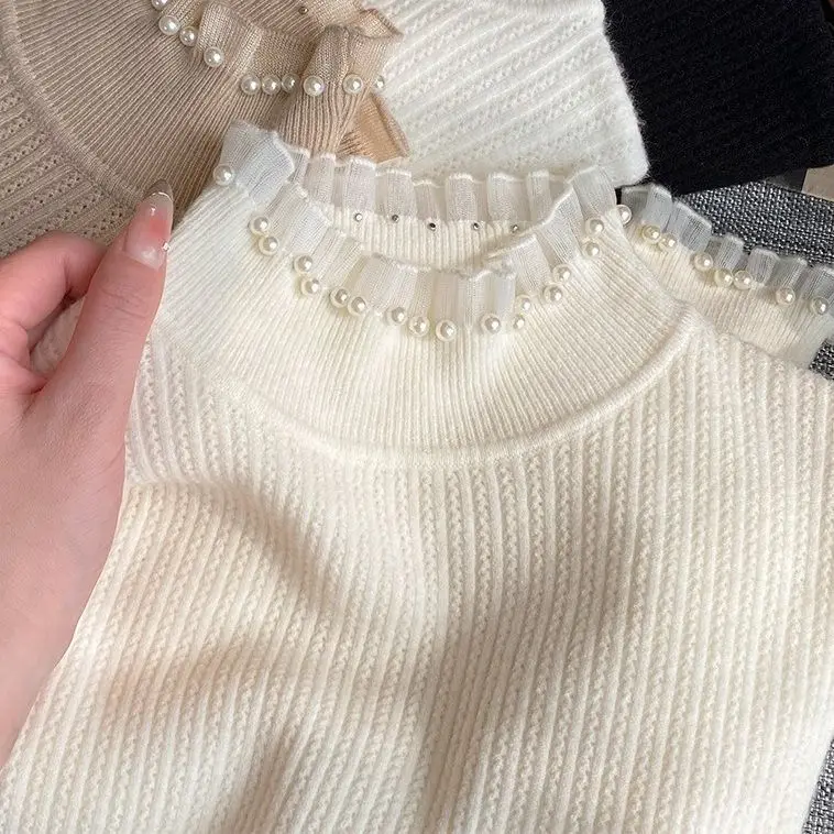   Sle frauen Basis irt Lange Sve Hohe Kragen Spitze Gestrickte Perle Pullover Herbst Winter Neue Ankunft Inneren Tragen Top