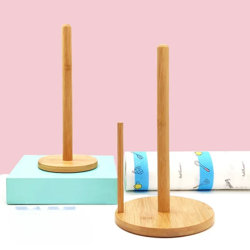 Bamboo and Wood Paper Roll Holder: Vertical Tissue Storage Rack, Non-Punching Cloth Hanger for Kitchen & Home Decoration