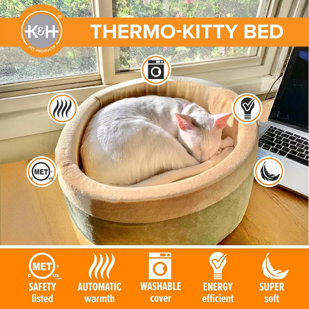 Large Indoor Pet Beds: Calming Warming Pillow, Machine Washable, Removable Heater, Safety Listed - 20" Round Sage/Tan view 5