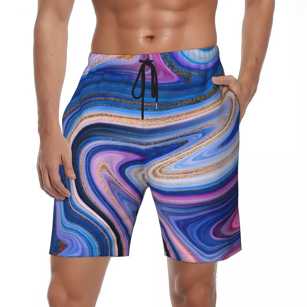 Men Gym Shorts Blue And Gold Marble Casual Swimming Trunks Colorful Print Quick Dry Running Trendy Plus Size Beach Short Pants