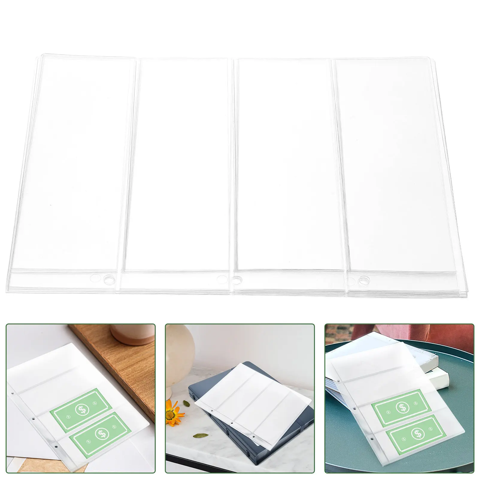 10Pcs Cash Collection Album Pages PVC Currency Holder Sheets Four Rows Money Organizing Sleeves Money Hiders Page for Cash