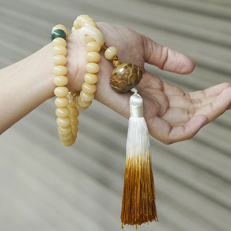 Weathered Bodhi Root Double Loop Bracelet with Sandalwood Sachet Tassel Abacus Bead Wrist Mala for Men and Women Gifts