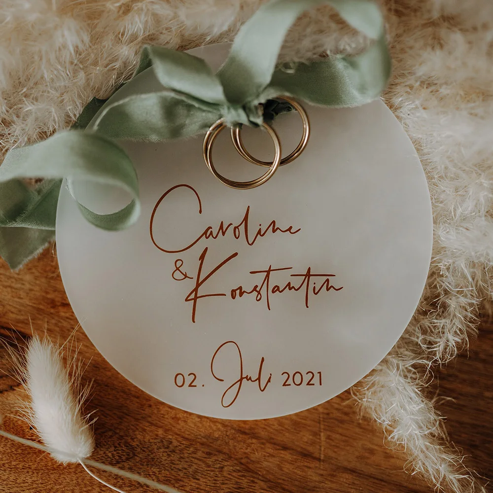 Gift for Her Personalized Ring Plate Wedding Engagement Ring Cushion with Ribbon Custom Acrylic Ring Keepsake Wedding Decoration