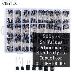 Kit Assorted Capacitor Eletrolítico de Alumínio, DIY, 0,1 UF-1000UF, 24 Valores, Conjunto de Capacitores Eletrolíticos Mistura, 10V, 16V, 25V, 50V, 500Pcs