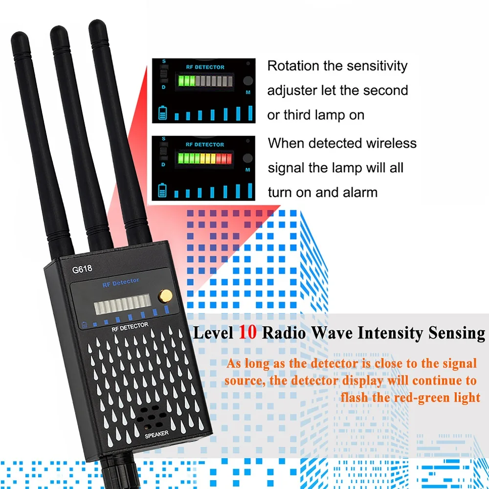 

Wireless RF Signal Detector Bug GPS Locator Tracker Finder Anti Spy Camera Detect GSM Audio Device Scanner Three Antennas G618