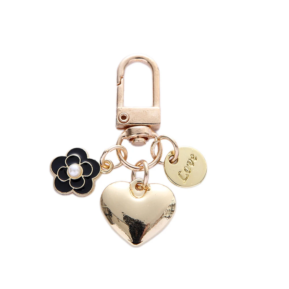 New Metal Heart Keychain Fashion Camellia Letters Round Pendant for Women Girls Headphone Case Accessorie Bag Trinket Party Gift