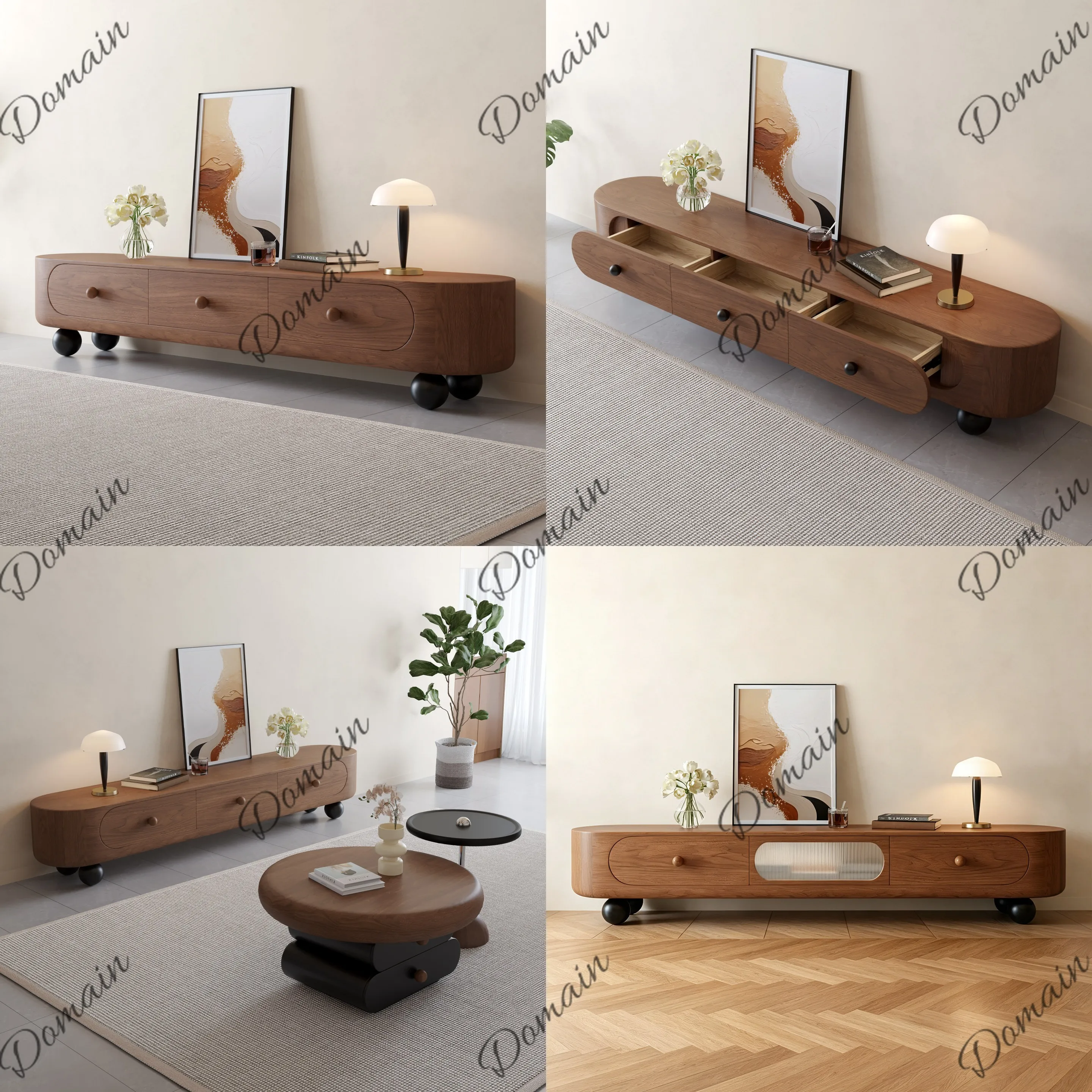 2026 New Mid-Century Walnut Coffee Table TV Cabinet Combo Storage Sideboard for Living Room