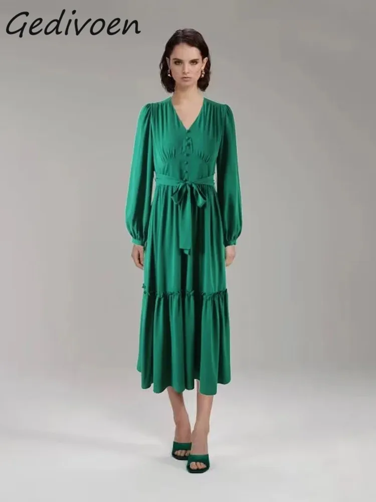 

Gedivoen Summer Fashion Runway Elegant Green Pleated Dress Women's V-Neck Frenulum Ruffles Splicing Party High Waist Long Dress