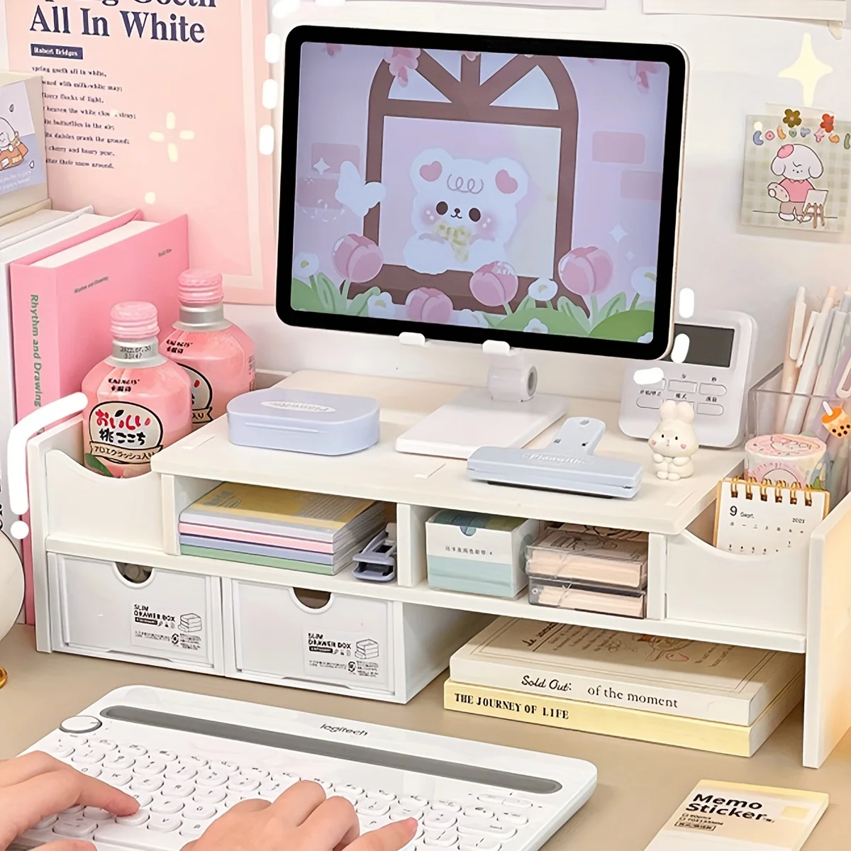 Creamy White PVC Monitor Stand Riser, Open Shelf Desktop Organizer, Ergonomic Laptop Elevator for Office, Dorm & Cute Desk Decor